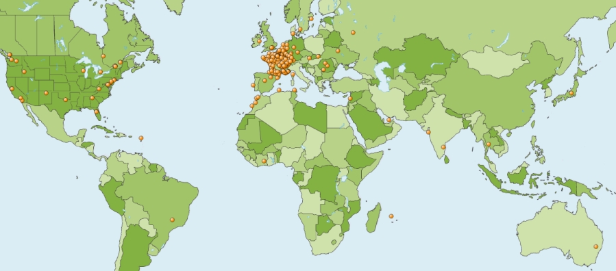 carte montrant les points du monde o le Portail de Clerval est consult.